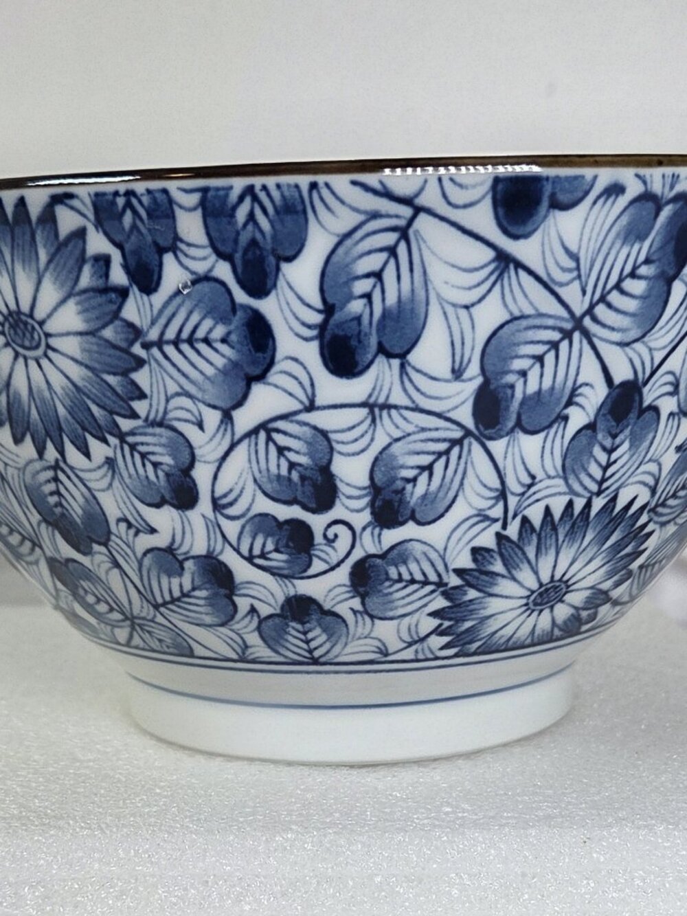 Rice Bowl Blue & White Floral & Leaf Motif - Footed 7.5" wide x 4" high